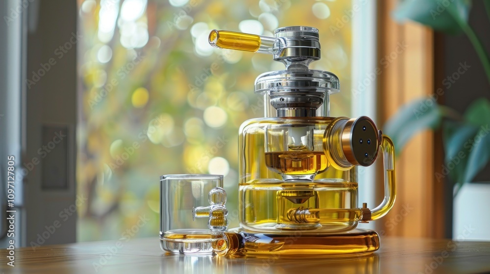 Modern glass tea infuser with amber liquid and a glass cup on a wooden table near a window. Modern glass tea infuser with amber liquid and a glass cup on a wooden table near a window.
