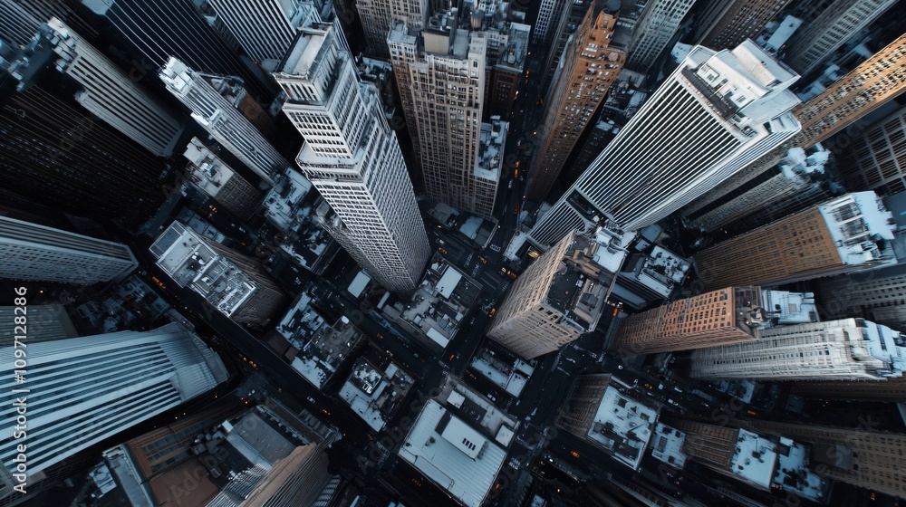 Aerial top down view of modern skyscrapers in downtown financial district. Urban architecture and city buildings photographed from above. Business center high rise towers at dusk Aerial top down view of modern skyscrapers in downtown financial district. Urban architecture and city buildings photographed from above. Business center high rise towers at dusk