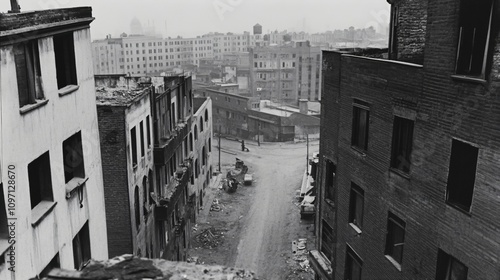 Historic urban landscape view of New York City street in 1940s. Black and white photograph showing brick buildings, empty road and industrial cityscape with vintage architecture photo