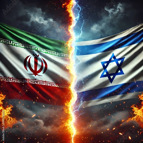 Iran vs Israel flag confrontation with fire and lightning, Middle East war conflict concept