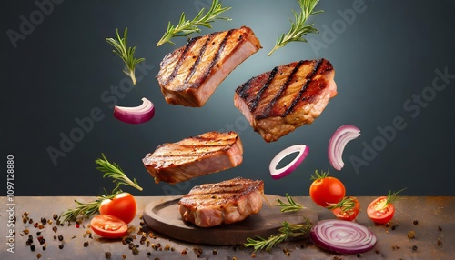 Juicy grilled pork chops, steaks, and D brisket pieces in mid-air, perfectly charred with a realistic touch showcasing a deliciously smoky grilled meat collection in dynamic, lifelike photo