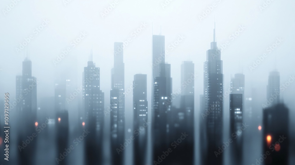 Foggy morning in modern metropolis with tall skyscrapers silhouettes. Moody cityscape view of downtown business district in mist. Urban architecture background for banner with copy space Foggy morning in modern metropolis with tall skyscrapers silhouettes. Moody cityscape view of downtown business district in mist. Urban architecture background for banner with copy space