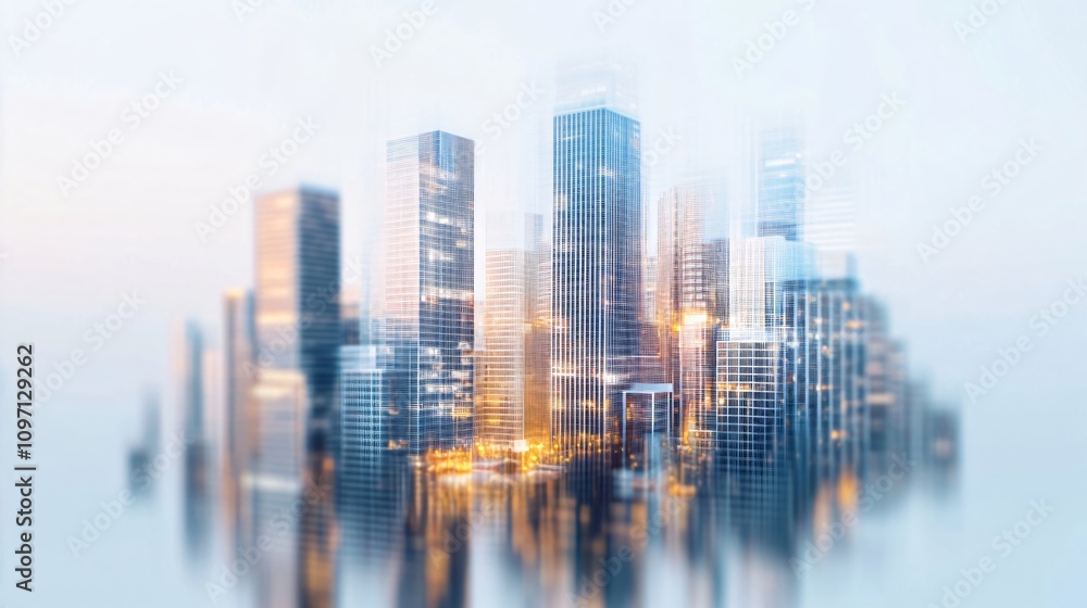 Modern skyscrapers in morning fog creating dreamy city skyline. Urban architecture with glowing lights. Downtown business district at sunrise. Abstract cityscape for banner with copy space Modern skyscrapers in morning fog creating dreamy city skyline. Urban architecture with glowing lights. Downtown business district at sunrise. Abstract cityscape for banner with copy space