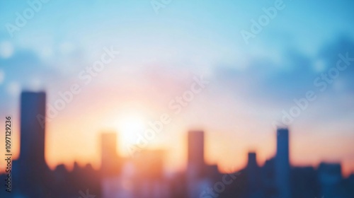 Blurred city skyline silhouette during golden sunset with pink and blue sky. Urban landscape background with skyscrapers. Modern metropolis view. Abstract cityscape for banner with copy space