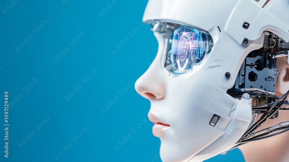 White robotic head with glowing blue eyes in profile view against blue background. Artificial intelligence and future technology concept. Cyborg face for tech innovation banner White robotic head with glowing blue eyes in profile view against blue background. Artificial intelligence and future technology concept. Cyborg face for tech innovation banner