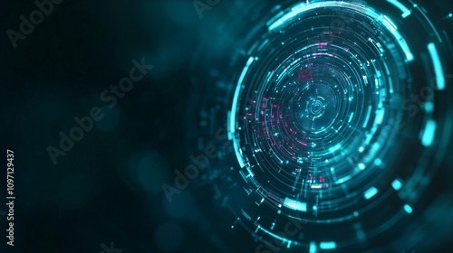 Futuristic digital technology circle interface in dark turquoise and pink colors. Abstract tech background with glowing circular HUD elements. Modern cyber design for presentations and banners with co