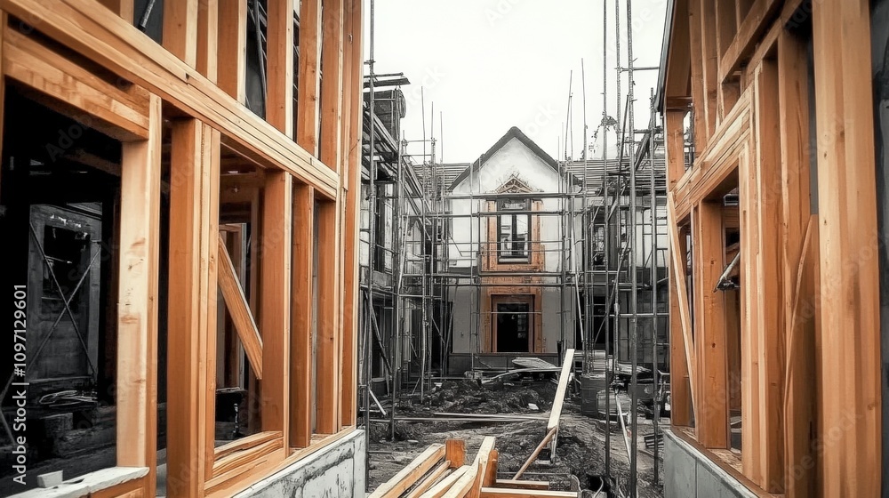 Obraz premium House under construction in progress, wooden framework