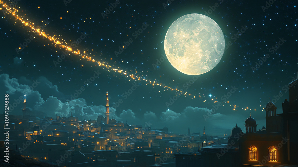 Naklejka premium Majestic full moon illuminates the night sky above a tranquil cityscape, with a radiant trail of light streaking across