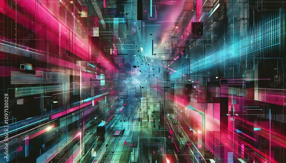 Obraz premium Glitch style background with distorted neon lines and fragmented shapes in motion