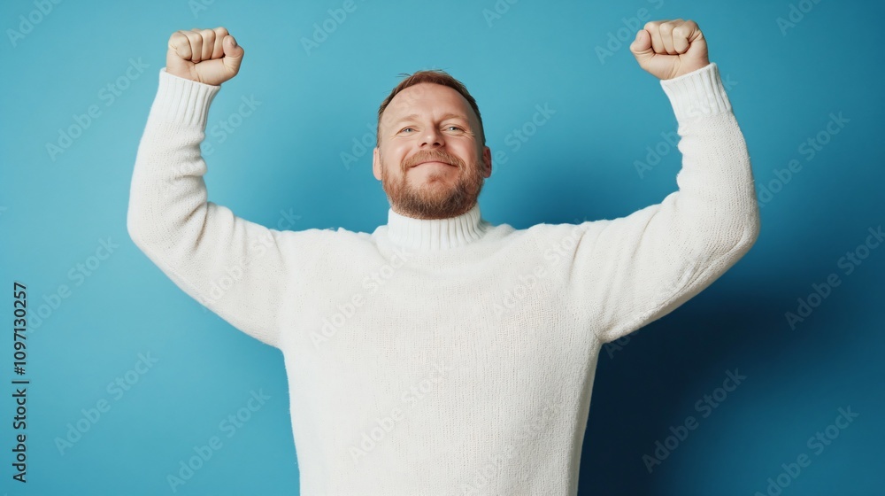 Fototapeta premium Happy person in white sweater celebrating success with raised arms against blue background. Joyful victory pose. Winning gesture. Positive emotion concept for motivation and achievement