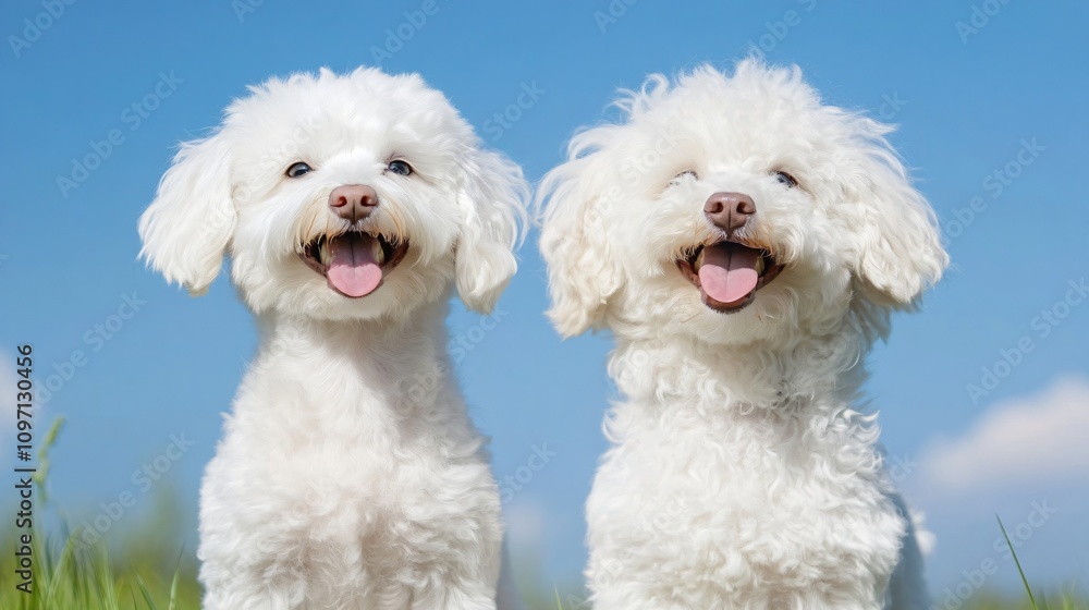 Two happy white Bichon Frise dogs smiling outdoors on sunny day. Cute fluffy pets in green grass against blue sky. Pure bred canine companions. Summer portrait with natural background Two happy white Bichon Frise dogs smiling outdoors on sunny day. Cute fluffy pets in green grass against blue sky. Pure bred canine companions. Summer portrait with natural background