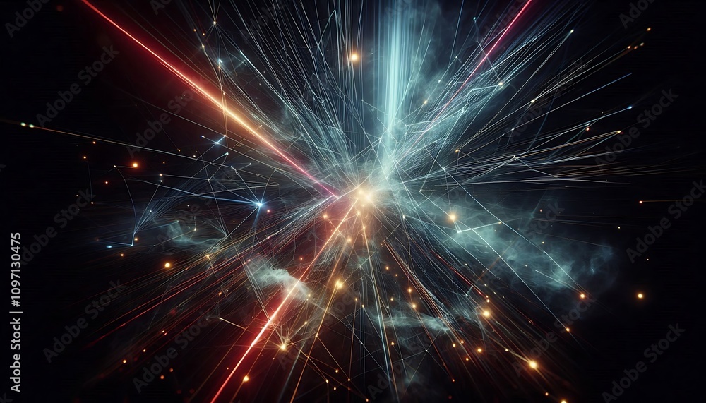 Naklejka premium Dynamic laser beams crisscrossing in dark, smoky environment, creating cyberpunk vibe