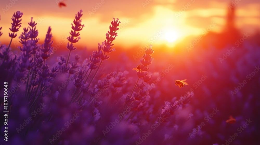 Lavender Field Sunset Bees Flying Golden Hour Lavender Field Sunset Bees Flying Golden Hour