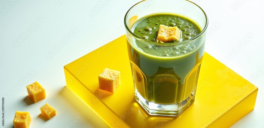 Fototapeta premium Green smoothie with cheese cubes on yellow surface