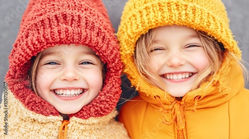 Two kids in warm winter knit hats and hooded coats smiling. Happy children in yellow and coral outerwear. Outdoor autumn fashion. Cold weather clothing concept for advertising with copy space