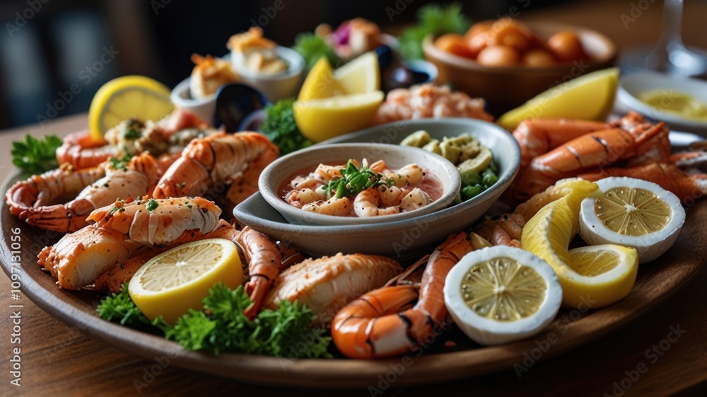 Seafood platter with shrimp, crab, mussels, and lemon. Seafood platter with shrimp, crab, mussels, and lemon.