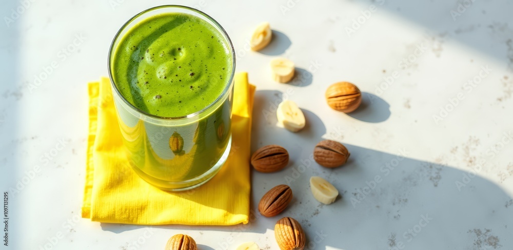 Green smoothie with nuts on yellow napkin Green smoothie with nuts on yellow napkin