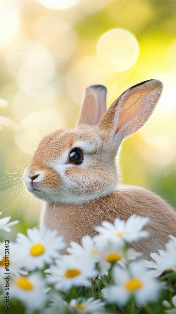 Fototapeta premium Cute bunny enjoying flowers in a garden at springtime