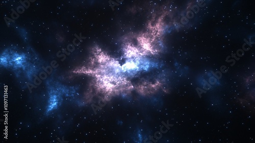 Fototapeta Naklejka Na Ścianę i Meble -  Deep space nebula with vibrant blue and pink colors. Mysterious cosmic clouds in dark universe. Starry night sky background for astronomy, science and galaxy exploration wallpaper