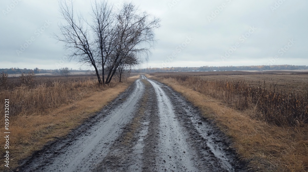 Empty rural dirt road with tire tracks leading through autumn field with bare tree. Moody countryside landscape with overcast sky. Nature trail in fall season with copy space Empty rural dirt road with tire tracks leading through autumn field with bare tree. Moody countryside landscape with overcast sky. Nature trail in fall season with copy space