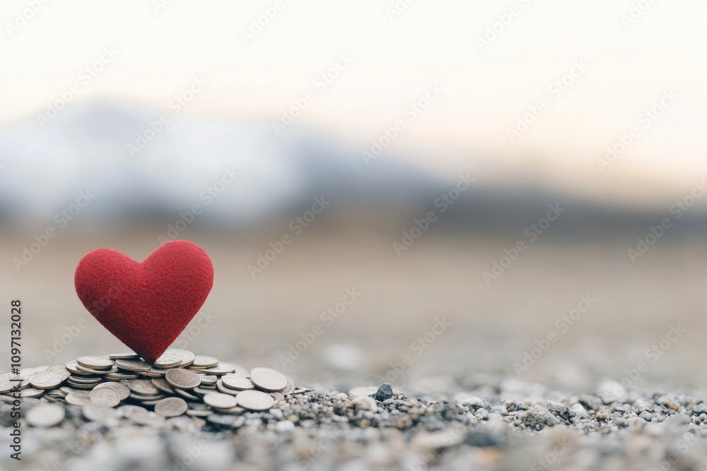 Fototapeta premium Heart shape on a pile of coins symbolizes love and wealth in a serene outdoor setting