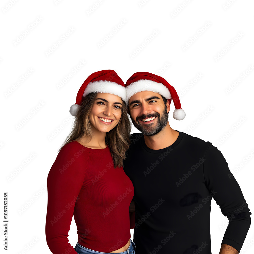 Smiling Couple in Santa Hats - Festive Christmas Portrait PNG Smiling Couple in Santa Hats - Festive Christmas Portrait PNG