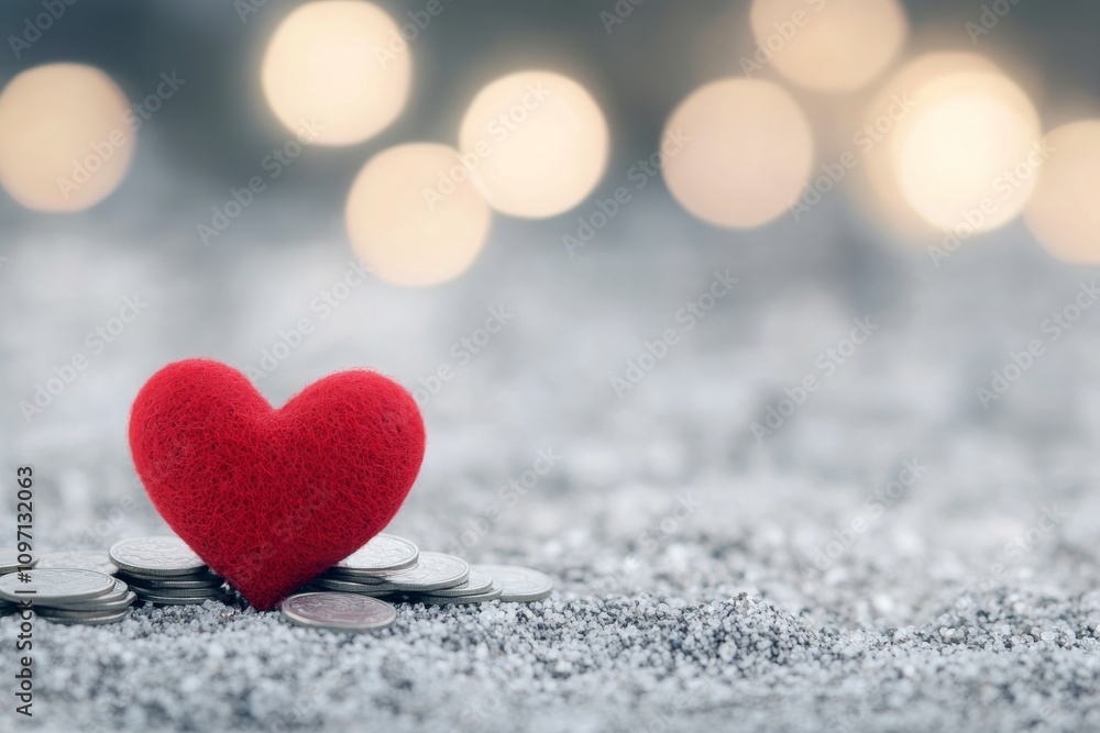 Heart shape on a pile of coins symbolizes love and wealth in a serene outdoor setting Heart shape on a pile of coins symbolizes love and wealth in a serene outdoor setting
