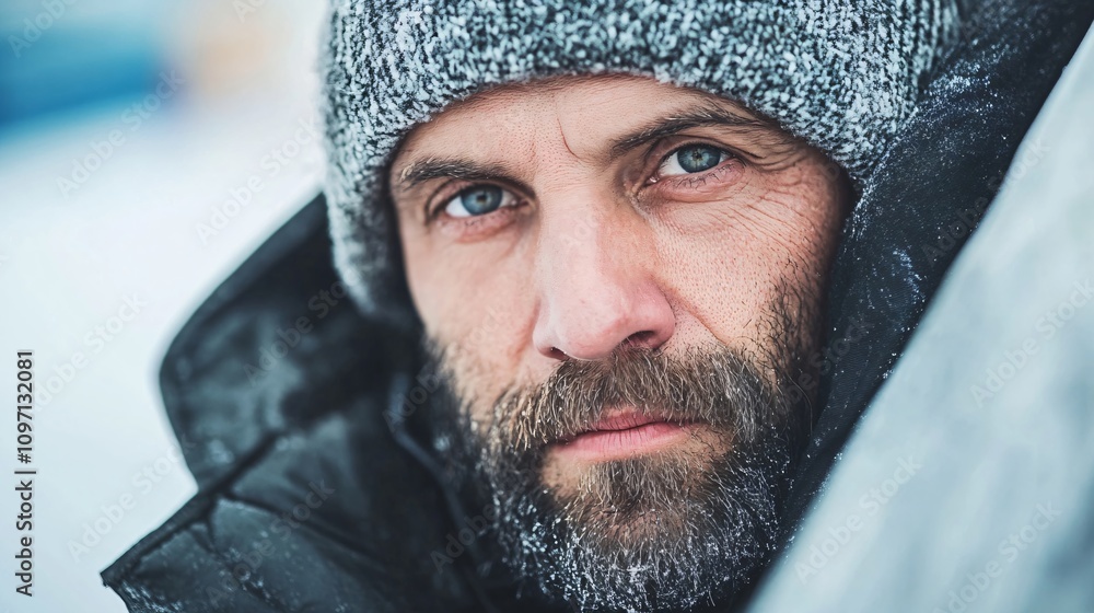 Bearded caucasian man in winter hat and coat against snowy background. Close up winter portrait with intense gaze. Cold weather lifestyle and outdoor adventure concept Bearded caucasian man in winter hat and coat against snowy background. Close up winter portrait with intense gaze. Cold weather lifestyle and outdoor adventure concept