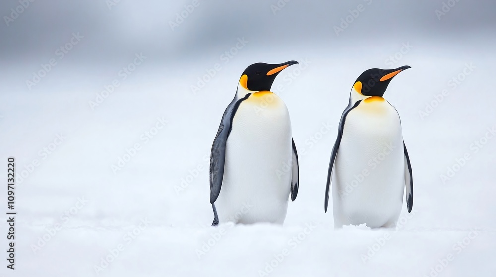 Fototapeta premium Two emperor penguins standing together on snow in Antarctica. Wildlife nature photography. Winter polar landscape. Cold climate animals. Beautiful birds in natural habitat with copy space