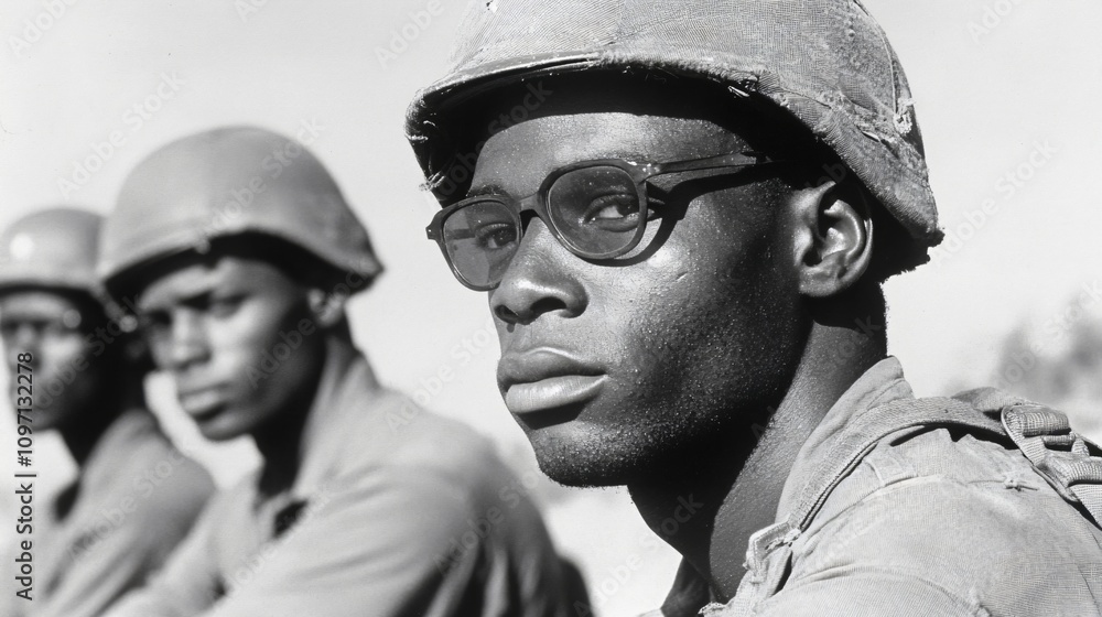 Three soldiers in combat helmets and glasses during military service. Close-up portrait in black and white. Historical army photograph from American armed forces. Vintage military scene Three soldiers in combat helmets and glasses during military service. Close-up portrait in black and white. Historical army photograph from American armed forces. Vintage military scene