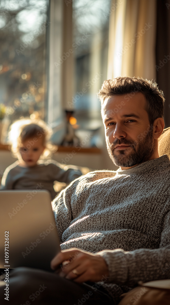 Father is working remotely from home while his young son plays quietly in the background Father is working remotely from home while his young son plays quietly in the background