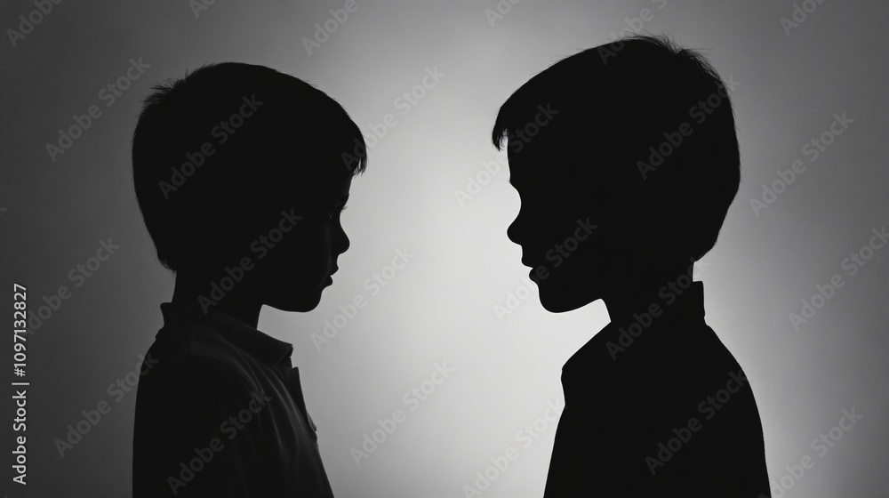 Two children silhouettes face to face on dark background with dramatic lighting. Black and white artistic portrait. Youth and friendship concept. Social interaction banner with copy space Two children silhouettes face to face on dark background with dramatic lighting. Black and white artistic portrait. Youth and friendship concept. Social interaction banner with copy space