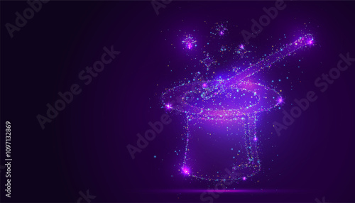 Silhouette of a magician hat with sparkles made of glowing, multicolored dots, resembling stars. The particles symbolize mystery, wonder, and the enchantment of magic.
