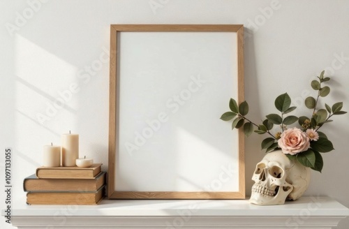 Mockup of a wooden photo frame with blank space surrounded by books, candles, and a decorative skull adorned with flowers and greenery on a white mantel in soft natural light