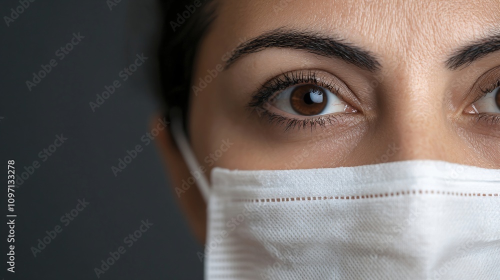 Close-up view of eyes wearing protective face mask on dark background. Medical safety, healthcare, virus protection concept. Personal protection equipment for banner with copy space Close-up view of eyes wearing protective face mask on dark background. Medical safety, healthcare, virus protection concept. Personal protection equipment for banner with copy space