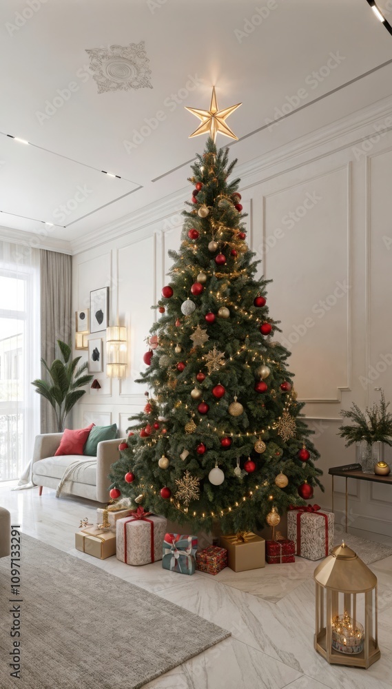 Beautiful Christmas Tree With Gifts in Cozy Indoor Setting During the Night. Generative AI Beautiful Christmas Tree With Gifts in Cozy Indoor Setting During the Night. Generative AI