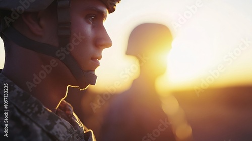 Military service member silhouetted against golden sunset. Brave soldier profile at dusk. Armed forces personnel. Patriotic defense concept. Banner with copy space photo