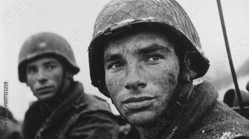 Exhausted soldiers with helmets during intense combat. Military personnel in World War 2 era. Dramatic black and white historical photograph capturing war reality. Documentary style portrait photo