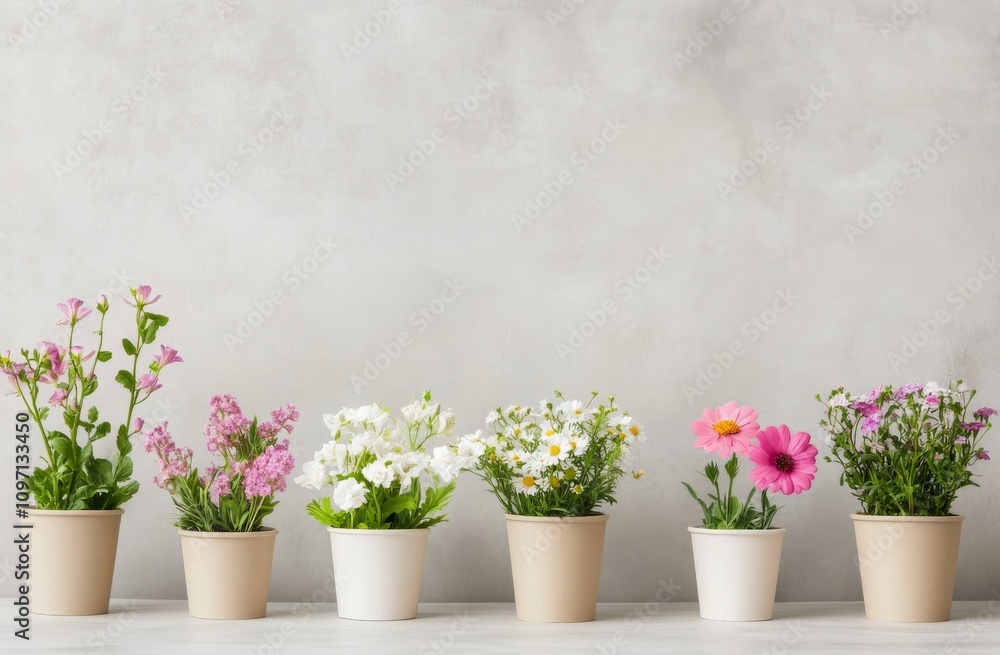 Green plants and flowers in beige pots arranged on a white surface in natural light Green plants and flowers in beige pots arranged on a white surface in natural light