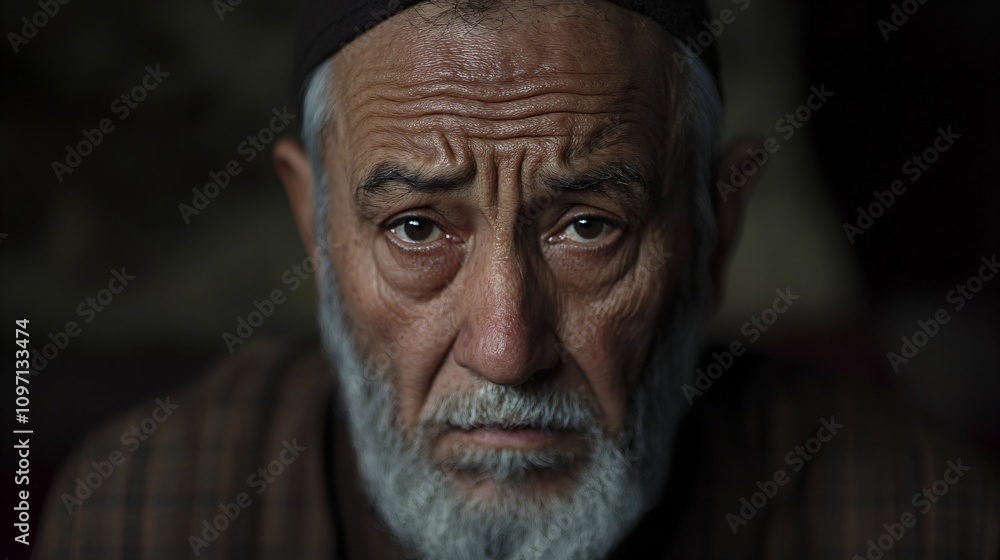Elderly middle eastern man with white beard in dark setting. Dramatic portrait showing wisdom and life experience. Powerful emotional close-up for storytelling and social documentary Elderly middle eastern man with white beard in dark setting. Dramatic portrait showing wisdom and life experience. Powerful emotional close-up for storytelling and social documentary
