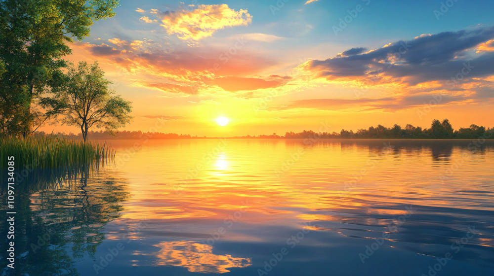 Obraz premium Serene sunrise paints the sky with golden hues, reflecting beautifully on a calm lake surrounded by lush trees and reeds