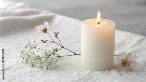 Candle with flowers, serene ambiance, decorative composition, cozy setting, copy space