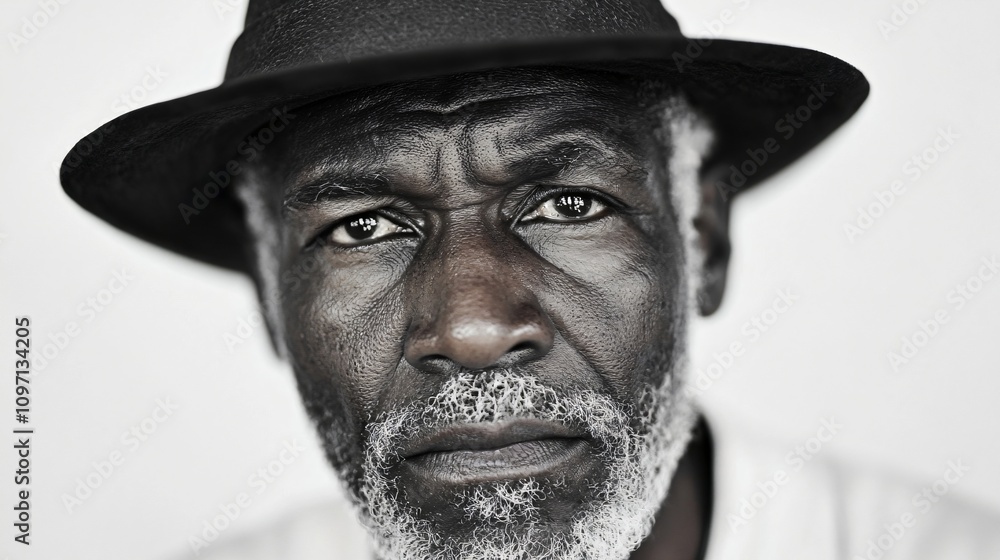 Close up portrait of mature African American man in black hat. Dramatic black and white artistic photography. Emotional expressive senior aged face. Strong character portrait for advertising or magazi Close up portrait of mature African American man in black hat. Dramatic black and white artistic photography. Emotional expressive senior aged face. Strong character portrait for advertising or magazi