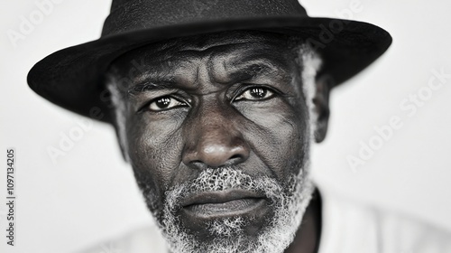 Close up portrait of mature African American man in black hat. Dramatic black and white artistic photography. Emotional expressive senior aged face. Strong character portrait for advertising or magazi