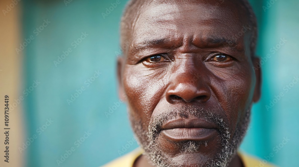 African man with intense gaze in close up portrait against turquoise wall. Authentic emotional expression. Documentary style photography. Real life moment for social awareness and storytelling African man with intense gaze in close up portrait against turquoise wall. Authentic emotional expression. Documentary style photography. Real life moment for social awareness and storytelling