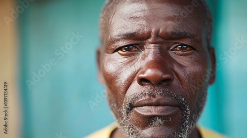 African man with intense gaze in close up portrait against turquoise wall. Authentic emotional expression. Documentary style photography. Real life moment for social awareness and storytelling