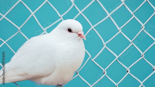 White dove against turquoise fence background. Beautiful peaceful bird close-up portrait. Symbol of peace and purity. Urban wildlife photography. Perfect for greeting cards and spiritual themes photo