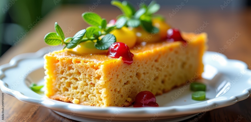 Slice of orange cake with berries and mint on white plate Slice of orange cake with berries and mint on white plate