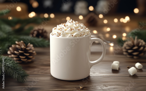 Mug with hot cocoa and marshmallows in festive decor