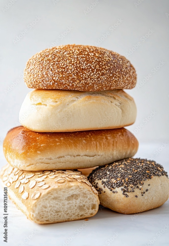 Freshly baked bread rolls stacked in a pleasing arrangement on a neutral background Freshly baked bread rolls stacked in a pleasing arrangement on a neutral background